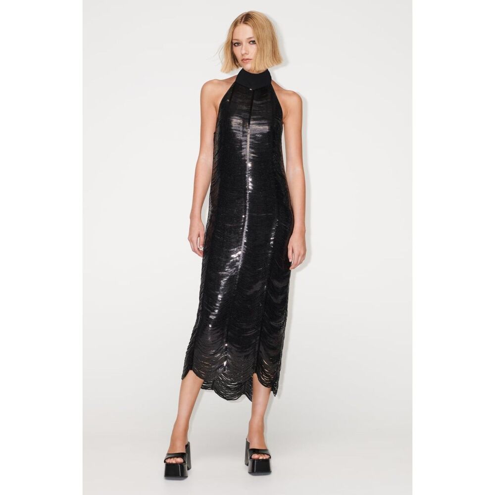 Zara Black Sequin Midi Halter Dress Size M NWT